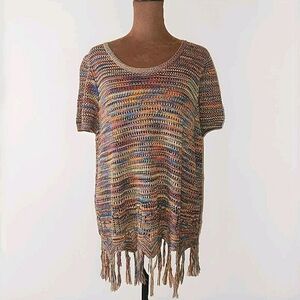 John Paul Richard Crochet Fringe Hem Top Size XL Rainbow Bohemian Hippie Women's